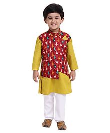 Bownbee Full Sleeves Kurta With Pyjama & Attached Ikat Waistcoat Set - Green & White Bownbee Full Sleeves Kurta With Pyjama & Attached Ikat Waistcoat Set - Green & White