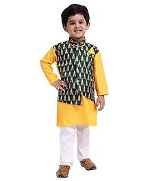 Bownbee Full Sleeves Kurta With Pyjama & Attached Ikat Waistcoat Set - Yellow & White Bownbee Full Sleeves Kurta With Pyjama & Attached Ikat Waistcoat Set - Yellow & White