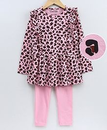 Curlous All Over Leopard Print Full Sleeves Frill Top With Bottoms - Light Pink Curlous All Over Leopard Print Full Sleeves Frill Top With Bottoms - Light Pink