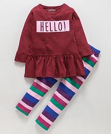 Curlous Hello Printed Full Sleeves Frill Top With Colourful Striped Bottoms - Multi Colour Curlous Hello Printed Full Sleeves Frill Top With Colourful Striped Bottoms - Multi Colour