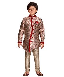 AJ Dezines Damask Print Full Sleeves Sherwani With Churidar - Maroon AJ Dezines Damask Print Full Sleeves Sherwani With Churidar - Maroon