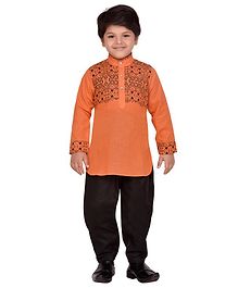AJ Dezines Full Sleeves Motif Print Pathani Suit - Orange AJ Dezines Full Sleeves Motif Print Pathani Suit - Orange