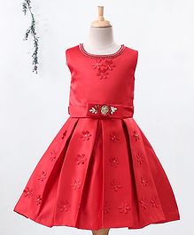 Enfance Flower Applique Sleeveless Box Pleated Dress - Red Enfance Flower Applique Sleeveless Box Pleated Dress - Red