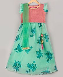 KID1 Jacquard Short Sleeves Choli With Floral Print Lehenga & Net Dupatta - Light Pink & Green KID1 Jacquard Short Sleeves Choli With Floral Print Lehenga & Net Dupatta - Light Pink & Green