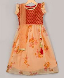 KID1 Jacquard Short Sleeves Choli With Floral Print Lehenga & Net Dupatta - Peach & Red KID1 Jacquard Short Sleeves Choli With Floral Print Lehenga & Net Dupatta - Peach & Red