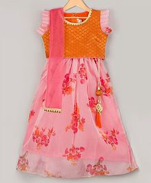 KID1 Jacquard Short Sleeves Choli With Floral Print Lehenga & Net Dupatta - Orange & Pink KID1 Jacquard Short Sleeves Choli With Floral Print Lehenga & Net Dupatta - Orange & Pink