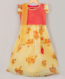 KID1 Jacquard Short Sleeves Choli With Floral Print Lehenga & Net Dupatta - Yellow & Pink KID1 Jacquard Short Sleeves Choli With Floral Print Lehenga & Net Dupatta - Yellow & Pink