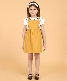 Piccolo Polka Dot Print Short Ruffled Sleeves Top With Dungaree Style Dress - Yellow Piccolo Polka Dot Print Short Ruffled Sleeves Top With Dungaree Style Dress - Yellow
