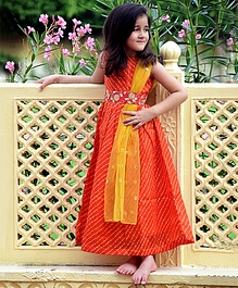 Piccolo Leheriya Sleeveless Dress With Attached Net Dupatta - Orange Piccolo Leheriya Sleeveless Dress With Attached Net Dupatta - Orange