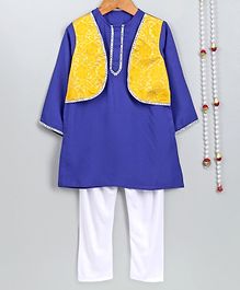 Little Palz Full Sleeves Kurta With Attached Flower Design Jacket & Pajama - Royal Blue Little Palz Full Sleeves Kurta With Attached Flower Design Jacket & Pajama - Royal Blue