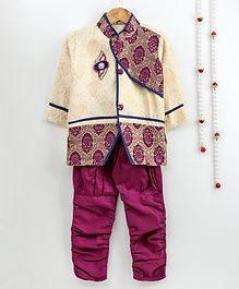 Little Palz Motif Embroidered Full Sleeves Bling Patch Detailed Sherwani & Pajama Set - Purple Little Palz Motif Embroidered Full Sleeves Bling Patch Detailed Sherwani & Pajama Set - Purple