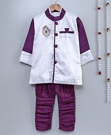 Little Palz Self Design Full Sleeves Motif Patch Detailed Sherwani With Pajama - White & Purple Little Palz Self Design Full Sleeves Motif Patch Detailed Sherwani With Pajama - White & Purple