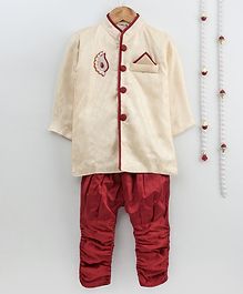 Little Palz Self Design Full Sleeves Motif Patch Detailed Sherwani With Pajama - Beige & Red Little Palz Self Design Full Sleeves Motif Patch Detailed Sherwani With Pajama - Beige & Red