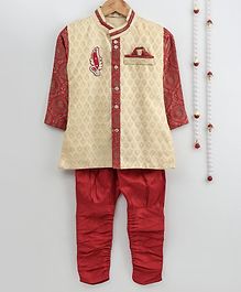 Little Palz Self Design Full Sleeves Motif Patch Detailed Sherwani With Pajama - Beige & Red Little Palz Self Design Full Sleeves Motif Patch Detailed Sherwani With Pajama - Beige & Red