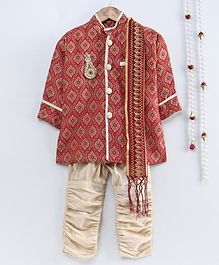 Little Palz Self Design Full Sleeves Motif Patch Detailed Sherwani With Pajama & Dupatta - Beige & Red Little Palz Self Design Full Sleeves Motif Patch Detailed Sherwani With Pajama & Dupatta - Beige & Red