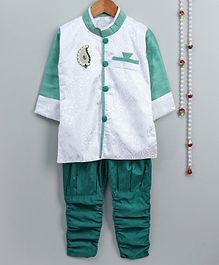 Little Palz Self Design Full Sleeves Motif Patch Detailed Sherwani With Pajama - Green & White Little Palz Self Design Full Sleeves Motif Patch Detailed Sherwani With Pajama - Green & White