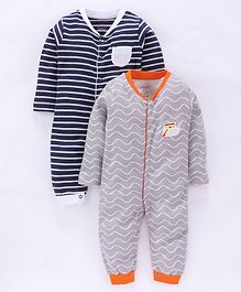 whaou Striped Full Sleeves Pack 2 Rompers - Blue & Grey whaou Striped Full Sleeves Pack 2 Rompers - Blue & Grey