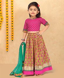 LIL PITAARA Zig Zag Lace Detailed Half Sleeves Choli With Floral Print Lehenga With Dupatta - Pink & Green LIL PITAARA Zig Zag Lace Detailed Half Sleeves Choli With Floral Print Lehenga With Dupatta - Pink & Green