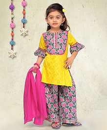 LIL PITAARA Floral Print Half Sleeves Kurta & Palazzo With Dupatta - Yellow & Pink LIL PITAARA Floral Print Half Sleeves Kurta & Palazzo With Dupatta - Yellow & Pink