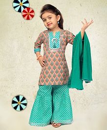 LIL PITAARA Three Fourth Sleeves Printed Kurta With Sharara & Dupatta - Multi Colour LIL PITAARA Three Fourth Sleeves Printed Kurta With Sharara & Dupatta - Multi Colour