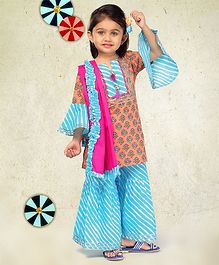 LIL PITAARA Floral Print Full Sleeves Kurta With Leheriya Sharara & Dupatta - Multi Colour LIL PITAARA Floral Print Full Sleeves Kurta With Leheriya Sharara & Dupatta - Multi Colour
