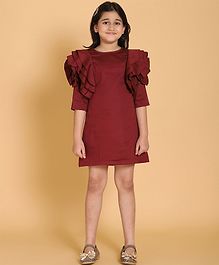 Piccolo Solid Three Fourth Sleeves Dress - Maroon Piccolo Solid Three Fourth Sleeves Dress - Maroon