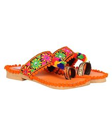 Buckled Up Flower Lace Work Pom Pom Kolhapuri - Orange Buckled Up Flower Lace Work Pom Pom Kolhapuri - Orange