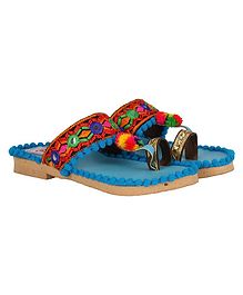 Buckled Up Lace Embroidered Kolhapuri - Blue Buckled Up Lace Embroidered Kolhapuri - Blue