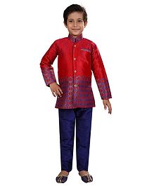 Nakshi By Yug Jacquard Full Sleeves Kurta & Pajama Set - Red & Navy Blue Nakshi By Yug Jacquard Full Sleeves Kurta & Pajama Set - Red & Navy Blue