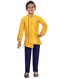 Nakshi By Yug Self Design Full Sleeves Kurta & Pajama Set - Yellow & Navy Blue Nakshi By Yug Self Design Full Sleeves Kurta & Pajama Set - Yellow & Navy Blue