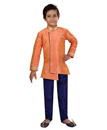 Nakshi By Yug Self Design Full Sleeves Kurta & Pajama Set - Peach & Navy Blue Nakshi By Yug Self Design Full Sleeves Kurta & Pajama Set - Peach & Navy Blue