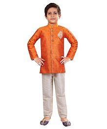 Nakshi By Yug Jacquard Full Sleeves Kurta & Pajama Set - Orange & Off White Nakshi By Yug Jacquard Full Sleeves Kurta & Pajama Set - Orange & Off White