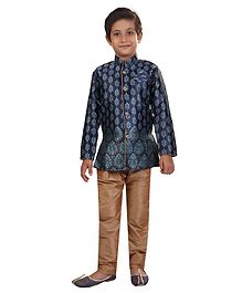 Nakshi By Yug Motif Printed Full Sleeves Kurta & Pajama Set - Navy Blue & Beige Nakshi By Yug Motif Printed Full Sleeves Kurta & Pajama Set - Navy Blue & Beige