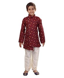 Nakshi By Yug Leaves Printed Full Sleeves Kurta & Pajama Set - Maroon & White Nakshi By Yug Leaves Printed Full Sleeves Kurta & Pajama Set - Maroon & White