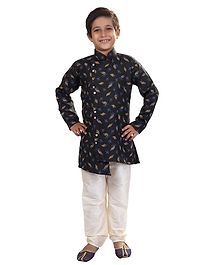 Nakshi By Yug Leaves Printed Full Sleeves Kurta & Pajama Set - Black & White Nakshi By Yug Leaves Printed Full Sleeves Kurta & Pajama Set - Black & White