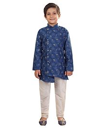 Nakshi By Yug Leaves Printed Full Sleeves Kurta & Pajama Set - Blue & White Nakshi By Yug Leaves Printed Full Sleeves Kurta & Pajama Set - Blue & White