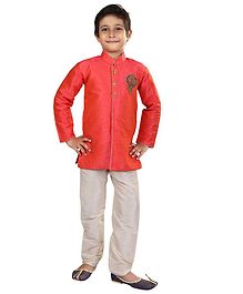 Nakshi By Yug Bling Patch Detailed Full Sleeves Kurta & Pajama Set - Orange & Off White Nakshi By Yug Bling Patch Detailed Full Sleeves Kurta & Pajama Set - Orange & Off White
