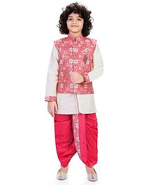 Nakshi By Yug Full Sleeves Kurta With Pajama & Floral Print Waistcoat With Dhoti - Pink & Off White Nakshi By Yug Full Sleeves Kurta With Pajama & Floral Print Waistcoat With Dhoti - Pink & Off White