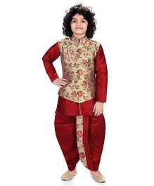 Nakshi By Yug Full Sleeves Kurta With Pajama & Floral Print Waistcoat With Dhoti - Maroon Nakshi By Yug Full Sleeves Kurta With Pajama & Floral Print Waistcoat With Dhoti - Maroon
