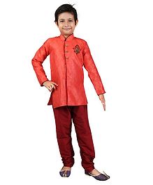Nakshi By Yug Jacquard Motif Patch Detailed Full Sleeves Kurta & Pajama Set - Orange & Maroon Nakshi By Yug Jacquard Motif Patch Detailed Full Sleeves Kurta & Pajama Set - Orange & Maroon