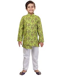 Nakshi By Yug Floral Print Full Sleeves Kurta & Pajama Set - Light Green & White Nakshi By Yug Floral Print Full Sleeves Kurta & Pajama Set - Light Green & White