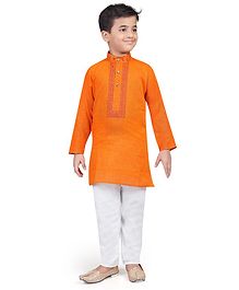Nakshi By Yug Embroidery Detailed Full Sleeves Kurta & Pajama Set - Orange & White Nakshi By Yug Embroidery Detailed Full Sleeves Kurta & Pajama Set - Orange & White
