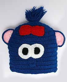 Knitting By Love Bow With Face Decorated Woolen Crochet Cap - Blue Knitting By Love Bow With Face Decorated Woolen Crochet Cap - Blue