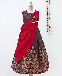 Betty By Tiny Kingdom Leaves Print Sleeveless Gown With Attached Drape Dupatta - Maroon Betty By Tiny Kingdom Leaves Print Sleeveless Gown With Attached Drape Dupatta - Maroon