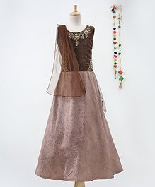 Betty By Tiny Kingdom Zari Work Sleeveless Choli With Dupatta & Lehenga - Brown Betty By Tiny Kingdom Zari Work Sleeveless Choli With Dupatta & Lehenga - Brown