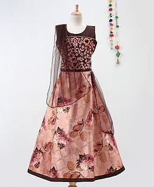 Betty By Tiny Kingdom Sleeveless Choli With Dupatta & Flower Print Lehenga - Brown Betty By Tiny Kingdom Sleeveless Choli With Dupatta & Flower Print Lehenga - Brown