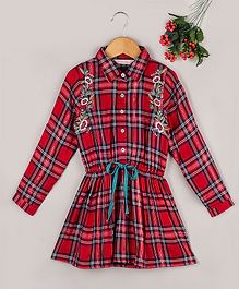 Budding Bees Checkered Full Sleeves Flower Embroidery Detailed Shirt Dress - Red Budding Bees Checkered Full Sleeves Flower Embroidery Detailed Shirt Dress - Red
