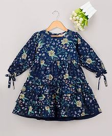 Budding Bees All Over Floral Print Full Sleeves Ruffled Dress - Navy Blue Budding Bees All Over Floral Print Full Sleeves Ruffled Dress - Navy Blue