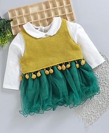 Superfie Pom Pom Decorated Netted Full Sleeves Dress - Yellow Superfie Pom Pom Decorated Netted Full Sleeves Dress - Yellow