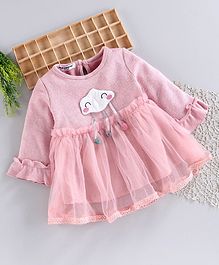 Superfie Cloud Patch Pom Pom Decorated Netted Full Sleeves Dress - Pink Superfie Cloud Patch Pom Pom Decorated Netted Full Sleeves Dress - Pink